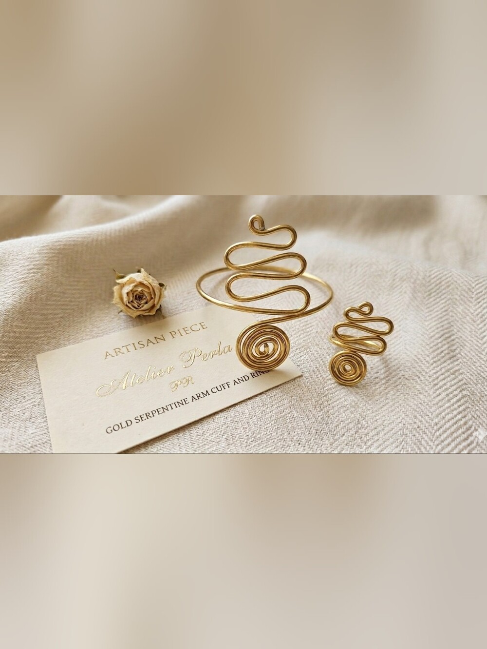 Gold Wire Spiral Arm Cuff And Ring - Swirl Design